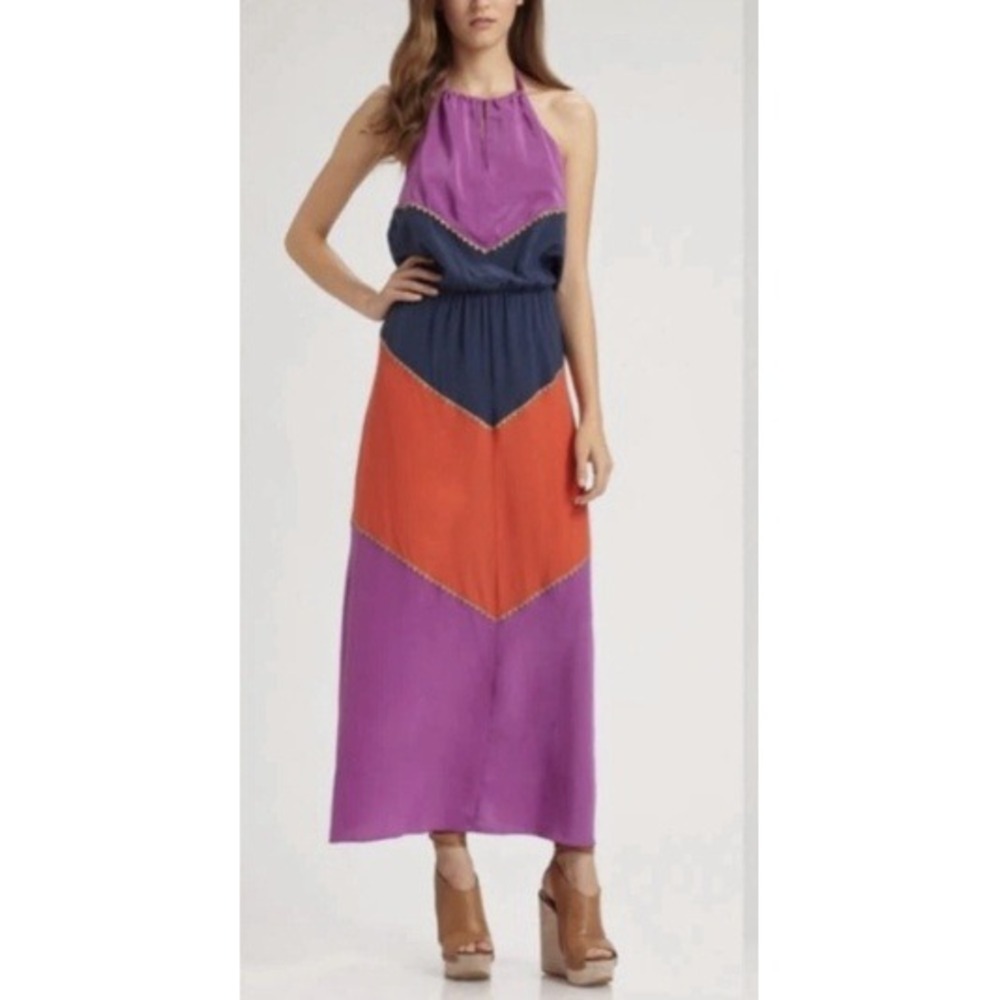 BCBG Max Azria Silk Colorblock Maxi Dress XS | Halter Boho Resort Retail $398